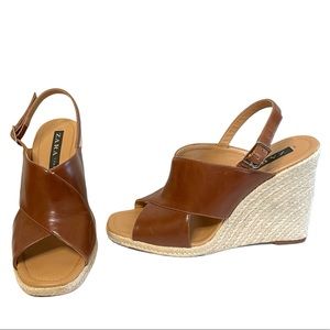 Zara Trafaluc Cognac Leather Crossover Espadrille Wedge Sandals 39